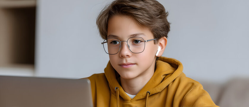 Young boy with glasses using laptop at home in cozy environment with warm colors - Powered by Adobe