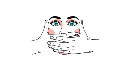 A person holding their hands over their mouth with eyes wide open showing distress.