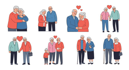 Elderly couples showing affection and love for each other in various poses.