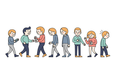 A group of cartoon people walking side by side in various poses.