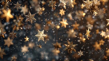Sparkling golden star ornaments elegantly descend against a dark, blurred backdrop