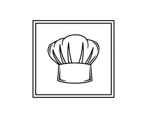 Elegant minimalist line art vector illustration of a classic chef's hat, neatly framed within a square border, symbolizing culinary excellence and kitchen professionalism