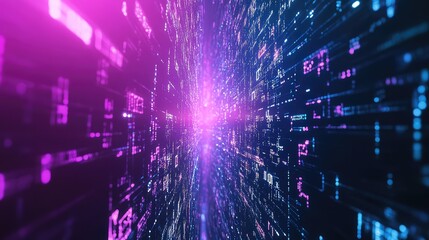 Digital data stream transferring glowing information cyberspace tunnel