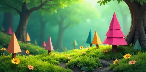 Enchanted Origami Forest for a Birthday A Magical Paper Wonderland A whimsical miniature origami forest scene featuring colorful origami trees, flowers, and various animals scattered across a mossy