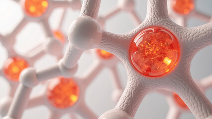 Innovative molecular structure with glowing orange cores, showcasing intricate connections and textures, representing scientific advancement