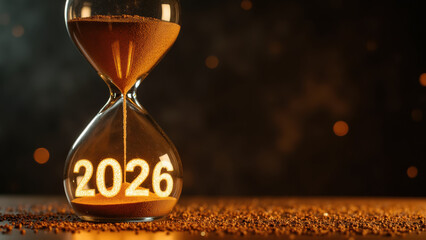 Hourglass with sand flowing, marking year 2026, symbolizes time passing and future anticipation, creating sense of urgency and reflection