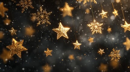 Elegant golden stars and snowflakes create a magical winter holiday atmosphere.