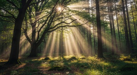 Obraz premium Sunlight piercing through the canopy of a lush green forest illuminating the forest floor creating a magical and serene atmosphere for nature lovers and outdoor enthusiasts