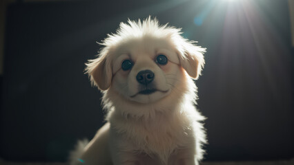 Fluffy puppy with bright eyes, illuminated by soft light, exuding playful and curious expression