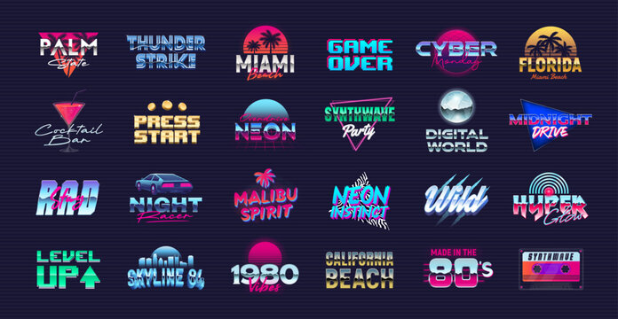 24 Colorful neon logo designs. Vector set of signs and logos in Futuristic glowing style. Retro 80's logos set. Print for t-shirt, banner, poster, cover. Party invitation, Music album design.  - Powered by Adobe