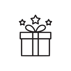 A line drawing of a gift box with a bow and three stars floating above it on a white background