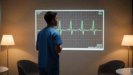 A medical professional reviews a projected, large-scale EKG/ECG waveform display in a darkened room, analyzing the green heart rhythm pattern projected on the wall.