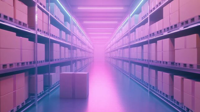 Futuristic warehouse aisle with neon purple and pink lighting