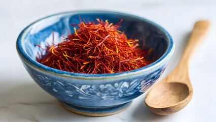 Fototapeta premium Premium saffron threads overflowing antique silver bowl with elegant wooden spoon on marble table