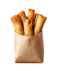 fried spring roll packed in kraft paper bag takeaway snack appeal, premium fried spring roll PNG die-cut ideal for food delivery branding, packaging design, and modern grab-and-go visuals