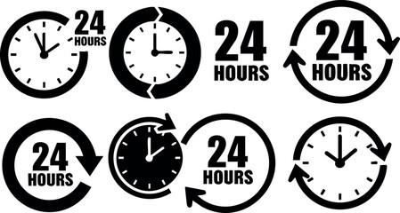 24 hours clock icons set with circular arrows and time symbols for continuous service and round the clock concept vector illustration