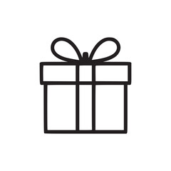 A simple black outline of a gift box with a bow on a white background in a minimalist style design