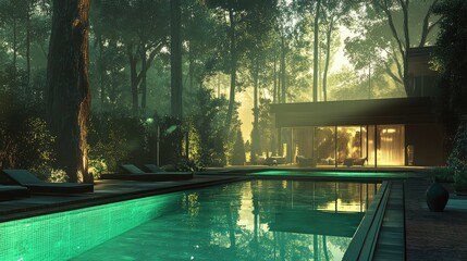 Modern luxury house with swimming pool by forest at dusk