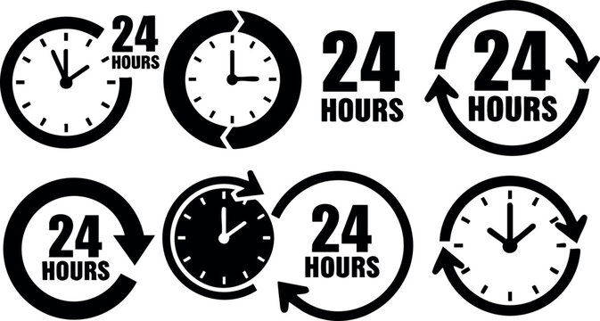 24 hours clock icons set with circular arrows and time symbols for continuous service and round the clock concept vector illustration