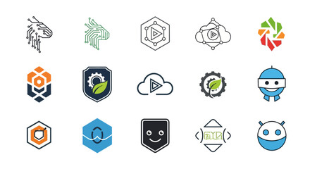 Fototapeta premium Fifteen distinct vector icons featuring tech, nature, abstract shapes, and characters