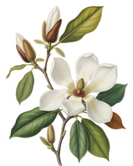Obraz premium White magnolia bloom with buds and leaves isolated on a transparent background