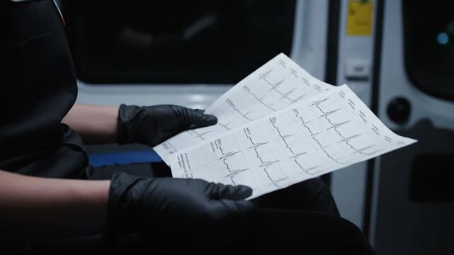 A close-up shot of a healthcare worker wearing black gloves reviewing a complex EKG printout, analyzing heart rhythm data, possibly inside an ambulance or emergency setting.
