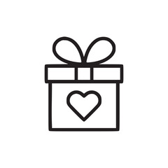 Simple line drawing of a gift box with a heart and bow isolated on a white background design element