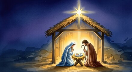 watercolor illustration, Nativity scene in a dark blue night sky, soft golden Bethlehem Star shining above the stable, Mary and Joseph beside the manger, gentle glowing light, rich saturated colors