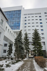 Modern hospital building in winter.