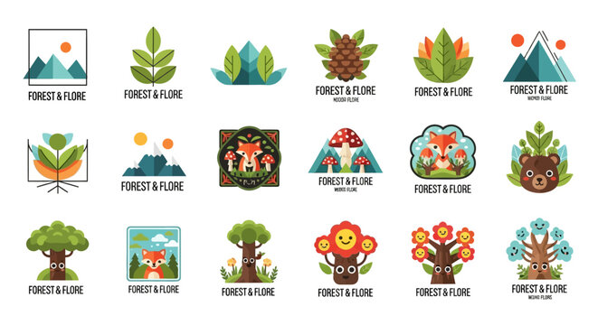 Collection of 15 flat-design nature icons mountains, trees, animals, and plants