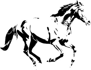 A dynamic black silhouette of a horse  exuding grace and strength against a clean white backdrop