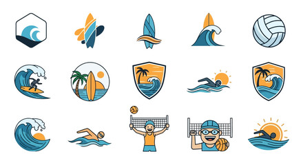 A grid of 15 pixelated beach, surfing, and swimming themed sport activity icons