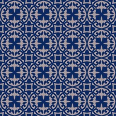 Seamless Geometric and Floral Pattern in Navy Blue and Gray