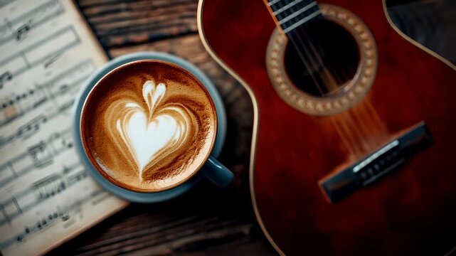 A closeup shot of a brown acoustic guitar with a heartshaped latte art on its body. The guitar has a glossy finish and a wooden body with visible strings and tuning pegs.
