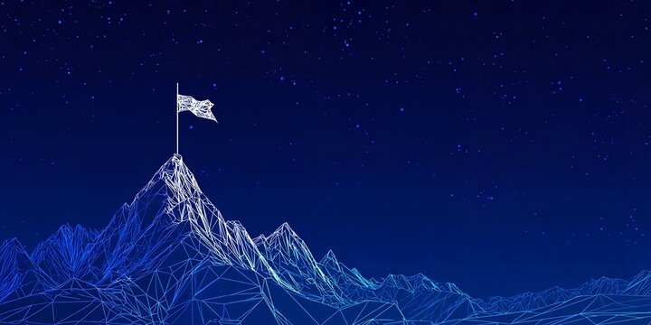 Digital wireframe mountain range with flag on peak against a starry night sky representing success achievement and overcoming challenges