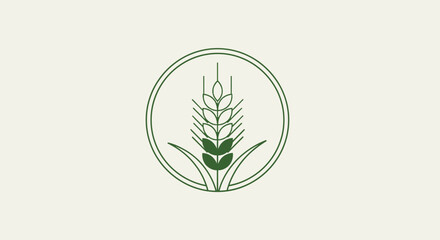 A minimalist green outline logo featuring a wheat stalk with grains and leaves enclosed within a circular frame on a light background.