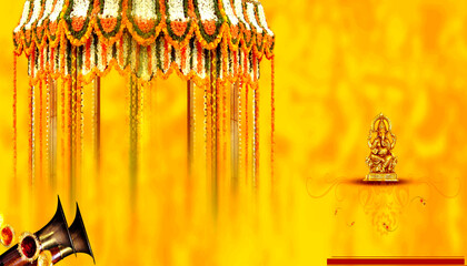 Auspicious Hindu wedding invitation design with a golden Ganesha statue and a floral decorated mandap on a vibrant yellow background