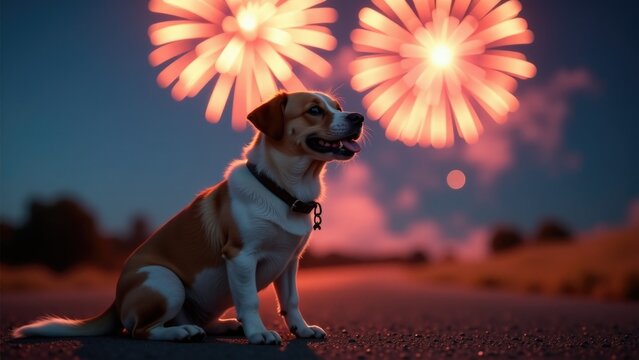 A brown and white dog sitting on the road with a calm expression