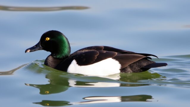 A black and white duck swimming in a calm body of water - Powered by Adobe