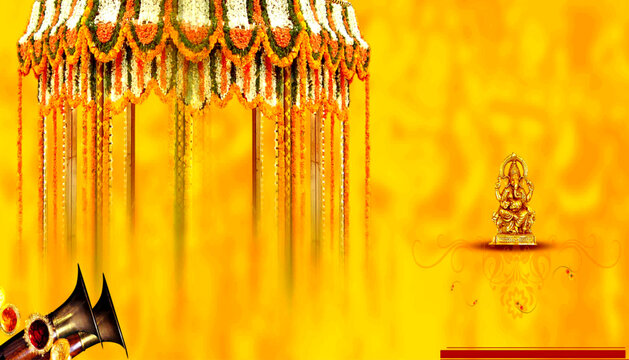 Auspicious Hindu wedding invitation design with a golden Ganesha statue and a floral decorated mandap on a vibrant yellow background