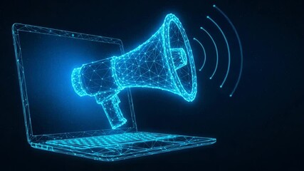 Rooster with megaphone on fence announcing something