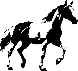 A dynamic black silhouette of a horse  exuding grace and strength against a clean white backdrop