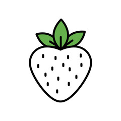 Strawberry Fruit Icon with Seeds and Green Leaves in Minimal Line Style