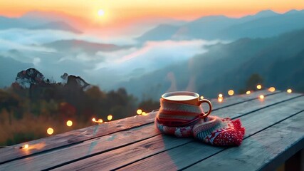 A tranquil, serene scene set against a breathtaking backdrop of a sunset over a misty mountain range. The sun casts a warm, golden hue over the landscape.