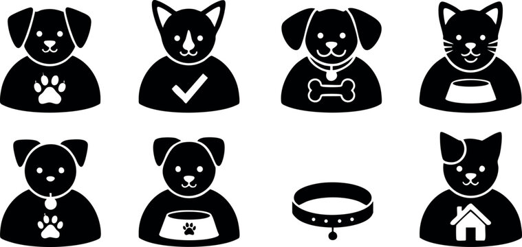 Pet icons with dogs and cats in simple black silhouette style for digital design and user interface elements