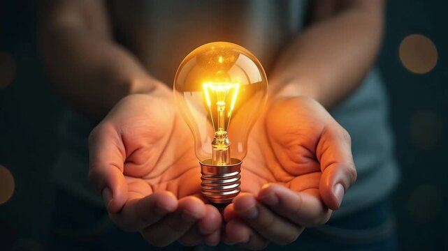 A lit light bulb held in hands against a bokeh background. Concept of business, good ideas, and creativity, project