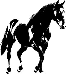A dynamic black silhouette of a horse  exuding grace and strength against a clean white backdrop