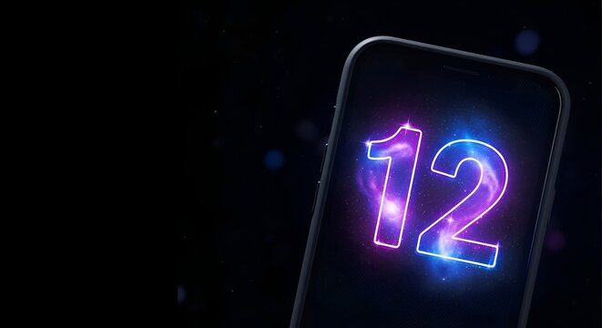 Digital Smartphone Displaying Glowing Neon Number Twelve Against Cosmic Sky