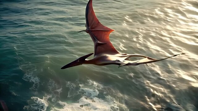 A vivid portrayal of a pterodactyl in flight against a backdrop of turbulent turbulent waters. The creatures wings are spread wide, revealing a sleek, elongated body with sharp, pointed tips.