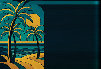 An Art Deco mural painting of stylized, streamlined palm trees on a beach, using bold geometric shapes and a limited palette of turquoise, gold, and deep navy blue.